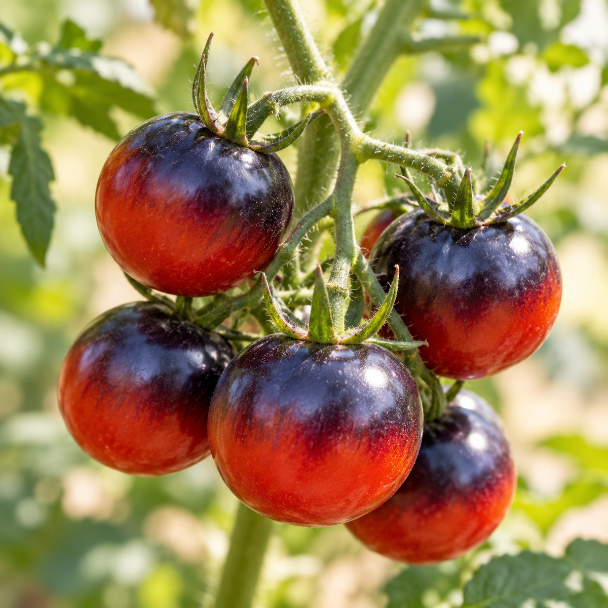 Ripe Dancing With Smurfs cherry tomatoes with indigo-purple shoulders and ruby-red bottoms growing on the vine
