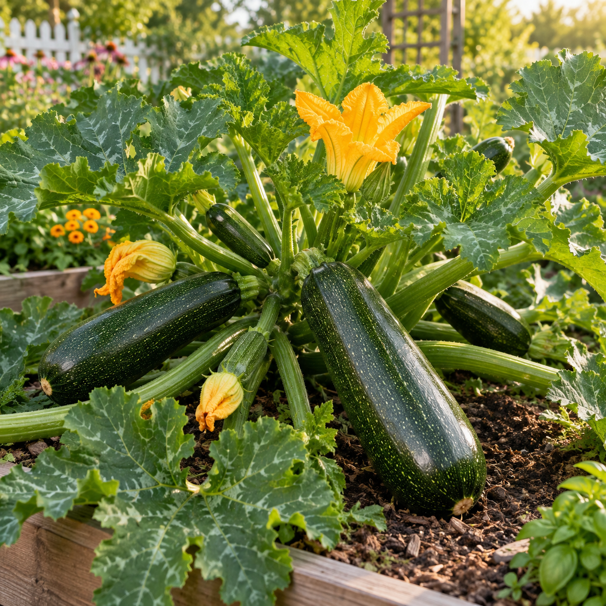 Dark Green Zucchini growing on a healthy plant with golden blossoms in a summer garden
