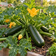 Dark Green Zucchini growing on a healthy plant with golden blossoms in a summer garden