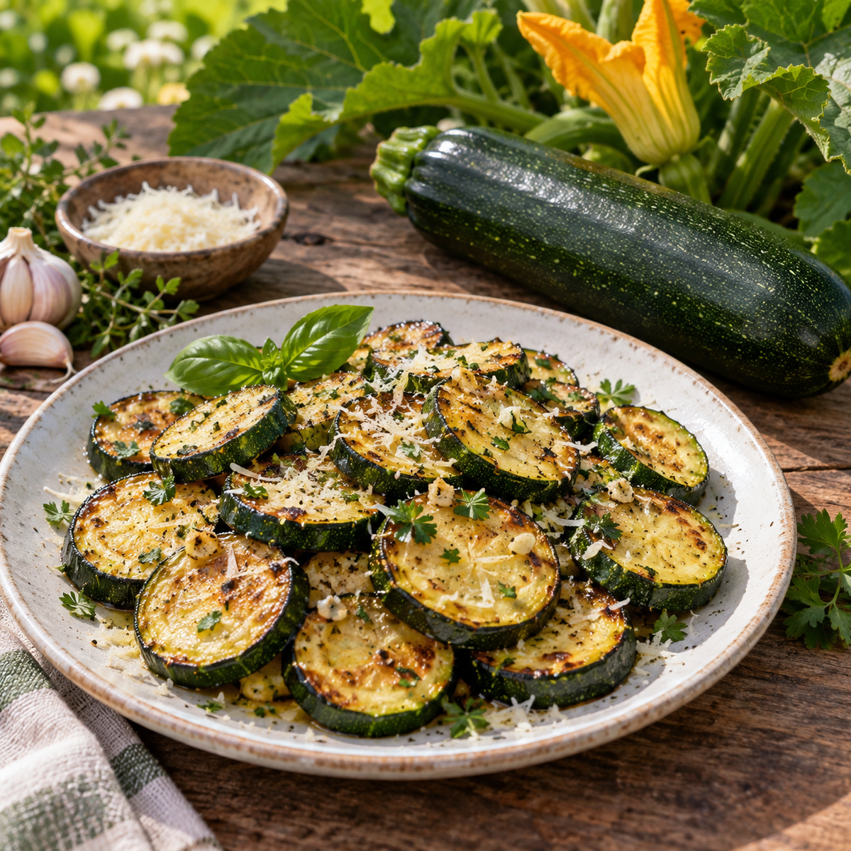 Pan-seared Dark Green Zucchini rounds with parmesan, garlic, and fresh herbs