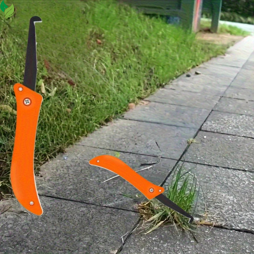 Orange folding patio weeding knife shown cleaning weeds from a sidewalk crack