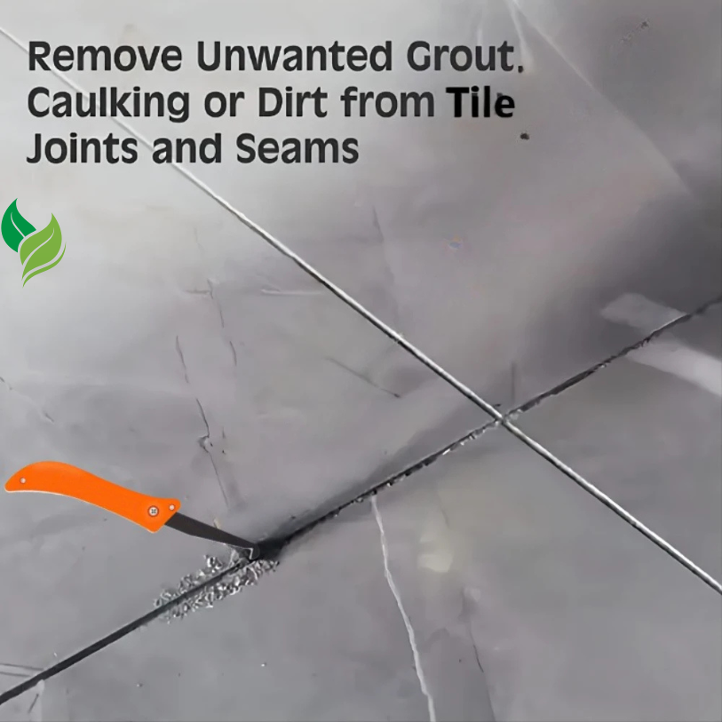 Folding crevice scraper removing loose grout and dirt from tile joints
