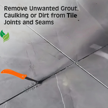 Folding crevice scraper removing loose grout and dirt from tile joints