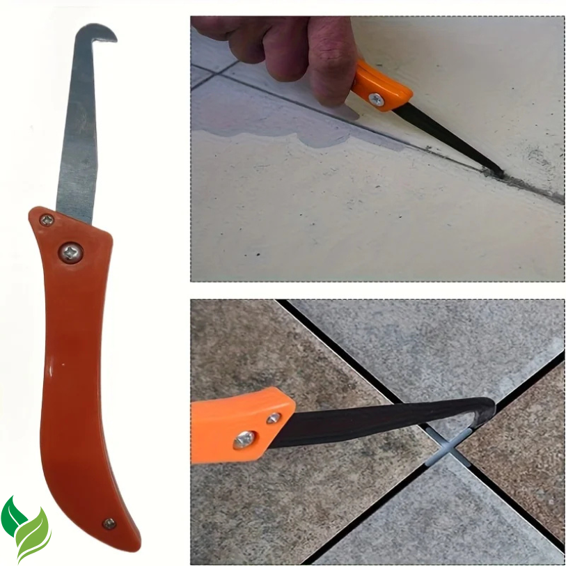 Orange folding weeding knife shown scraping narrow tile and paver seams