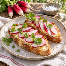 Long slender French Breakfast radishes growing in dark garden soil