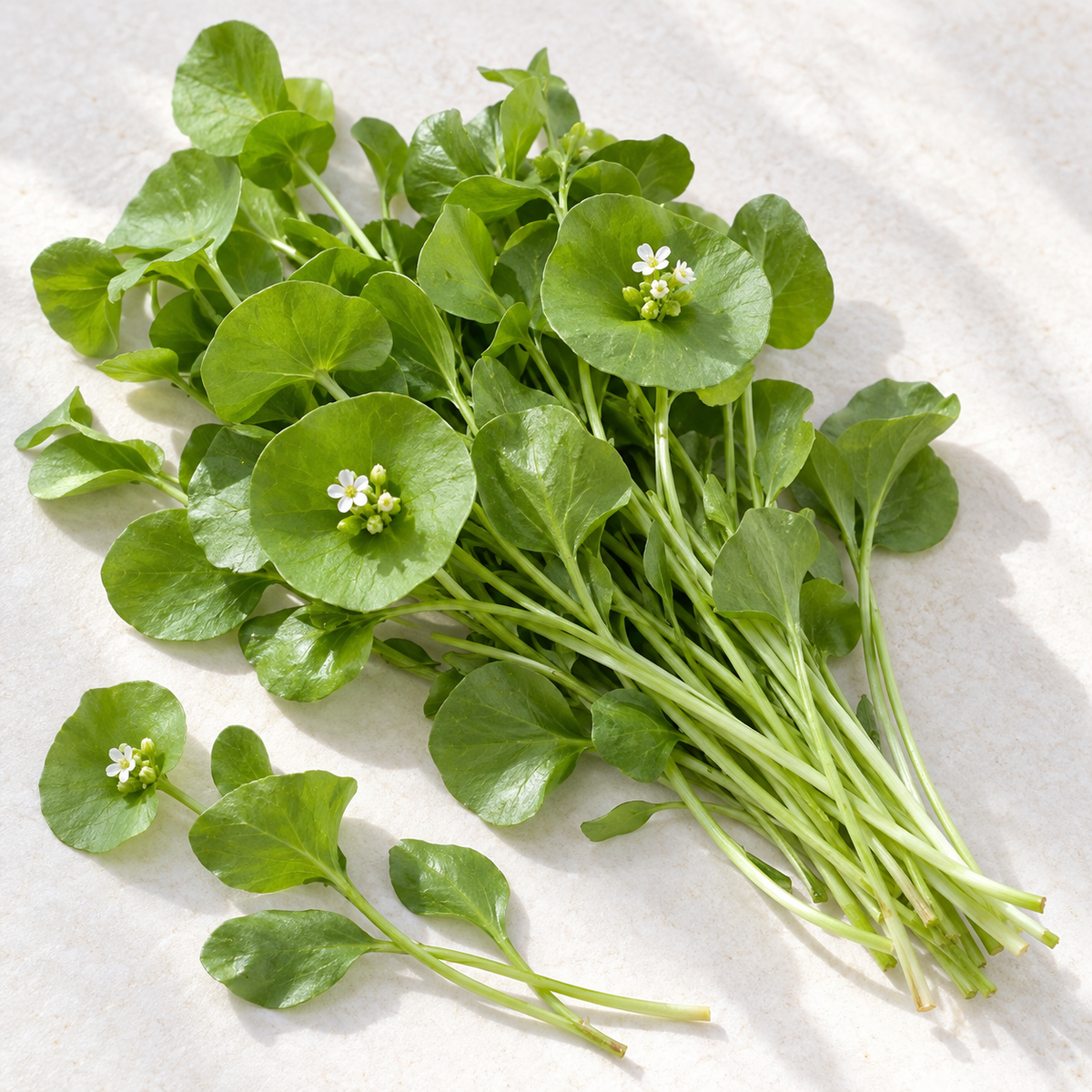 Freshly harvested winter purslane with green leaves and tender stems on a light background