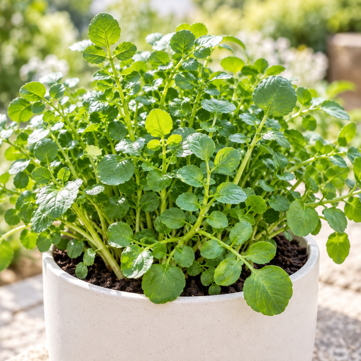 Healthy watercress plant with green leaves growing in a white garden pot.