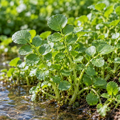 Close-up of watercress leaves and stems growing beside shallow water.