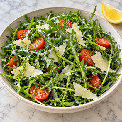 Fresh wild rocket arugula salad with cherry tomatoes, shaved Parmesan and lemon.