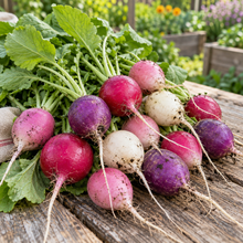 Freshly harvested Easter Egg radishes in pink, purple, and white colors.