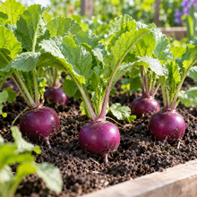 Freshly harvested Purple Plum radishes gathered in a basket beside the garden bed