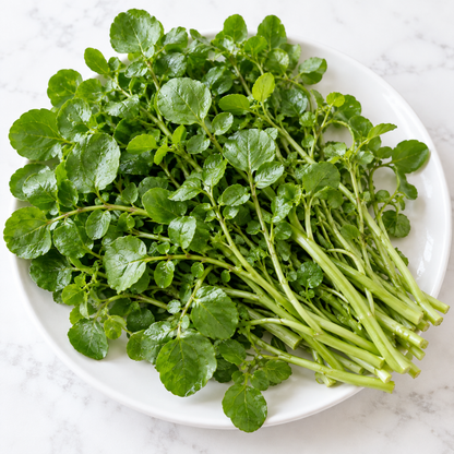 Freshly harvested watercress sprigs arranged on a white plate.
