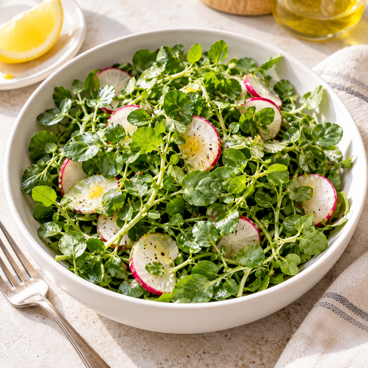 Watercress salad with sliced radishes and lemon dressing in a white bowl.