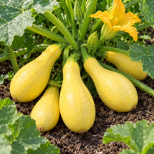 Gardener harvesting pale yellow Prolific Straightneck summer squash from the plant