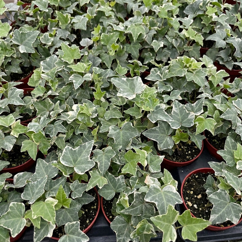 Close-up of Glacier Ivy leaves with creamy white margins