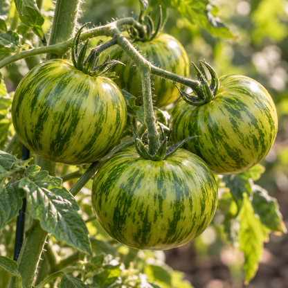 Green Zebra tomato plant with striped green tomatoes
