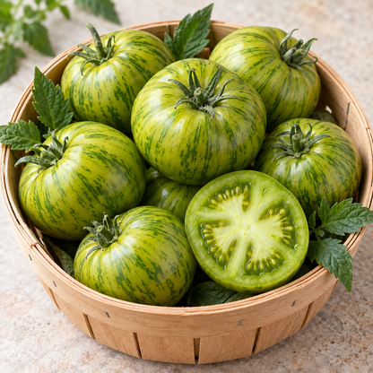 Freshly harvested Green Zebra tomatoes in a basket