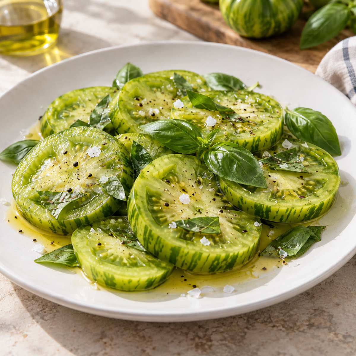 Sliced Green Zebra tomato salad with basil and olive oil