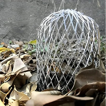 Domed metal mesh downspout strainer surrounded by dry leaves and debris.