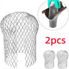 Two metal mesh gutter downspout strainers with an inset showing installation into a gutter outlet.