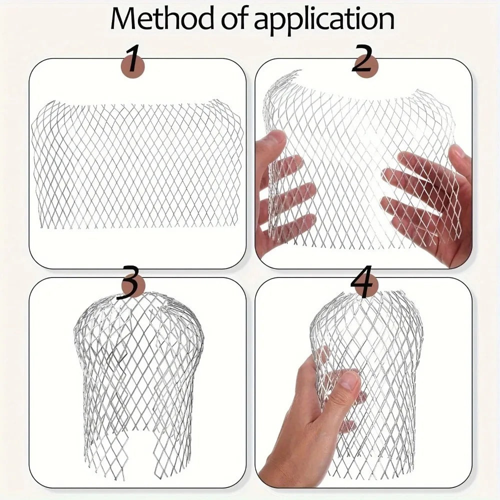 Four-step illustration showing how to shape flexible metal mesh into a domed gutter downspout strainer.