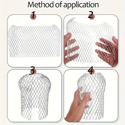 Four-step illustration showing how to shape flexible metal mesh into a domed gutter downspout strainer.