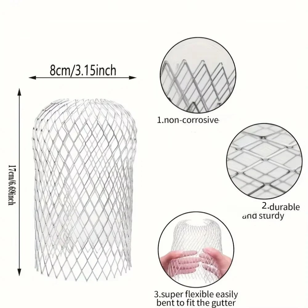 Metal mesh gutter strainer measuring 8 cm wide and 17 cm tall, with close-ups of its mesh and flexible shape.