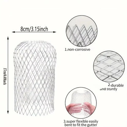 Metal mesh gutter strainer measuring 8 cm wide and 17 cm tall, with close-ups of its mesh and flexible shape.