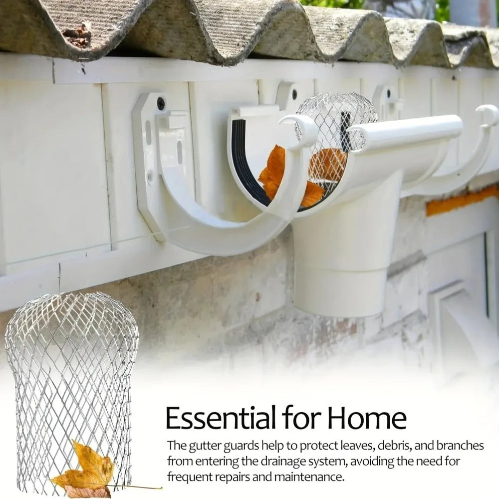 Cutaway illustration of a gutter and downspout with a metal mesh leaf strainer shown below.