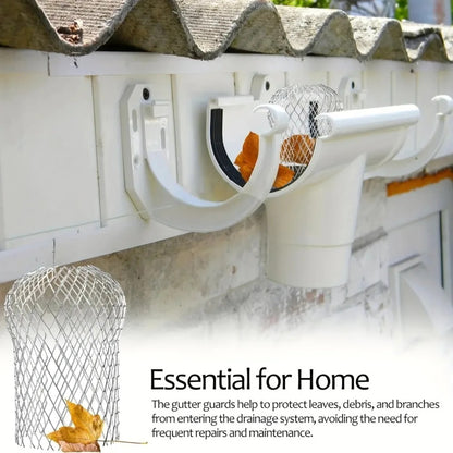 Cutaway illustration of a gutter and downspout with a metal mesh leaf strainer shown below.