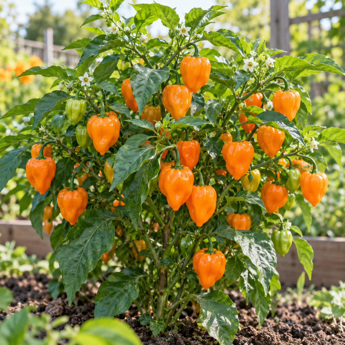 Freshly harvested Orange Habanero peppers in a rustic basket beside a productive garden plant