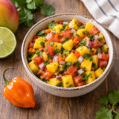 Fresh mango salsa prepared with Orange Habanero pepper, tomato, red onion, cilantro and lime