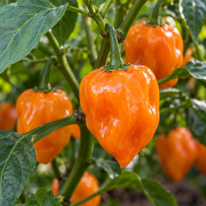 Orange Habanero pepper plant loaded with ripe orange peppers growing in a sunny home garden
