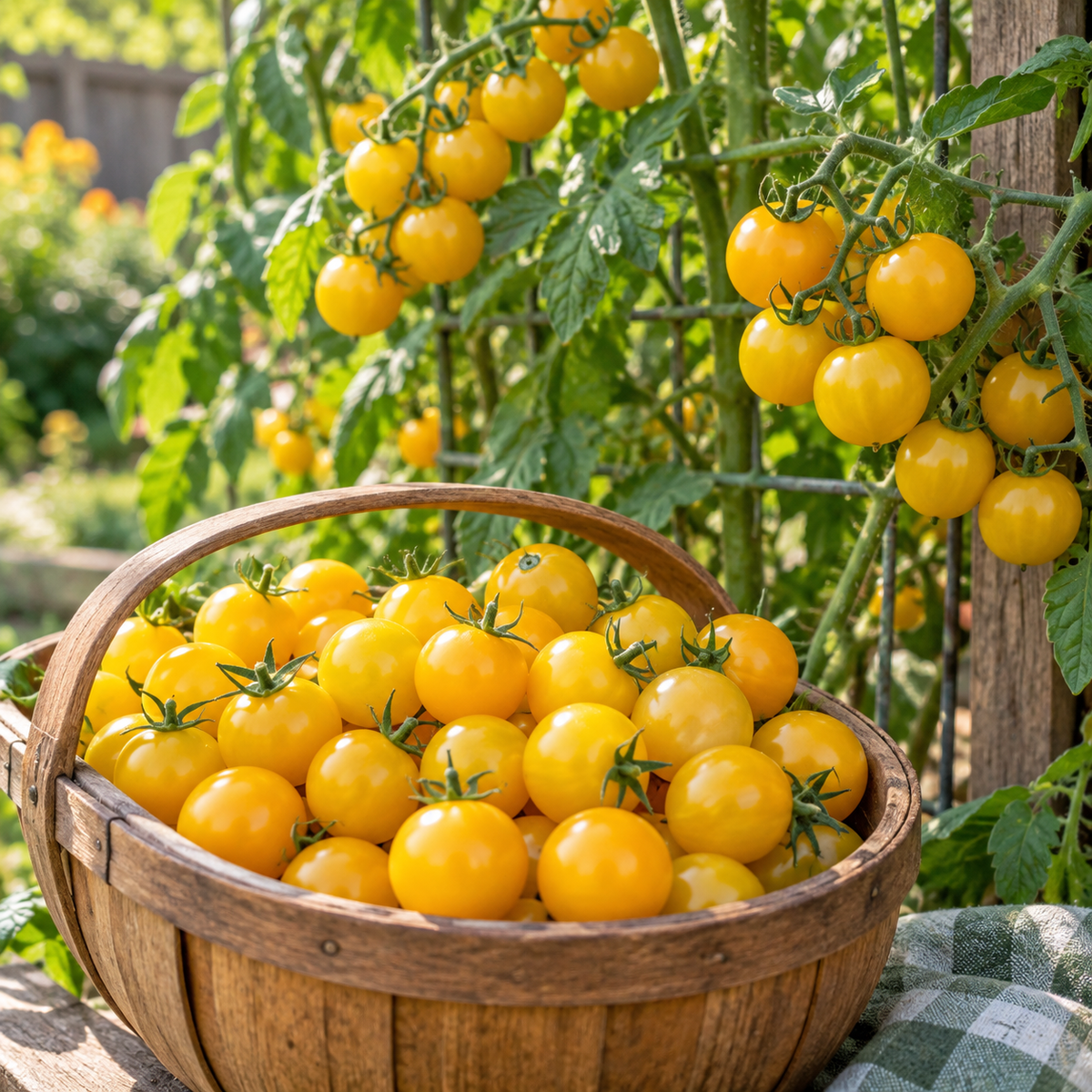 Close-up of round golden yellow Hartman's Yellow Gooseberry tomatoes on the vine