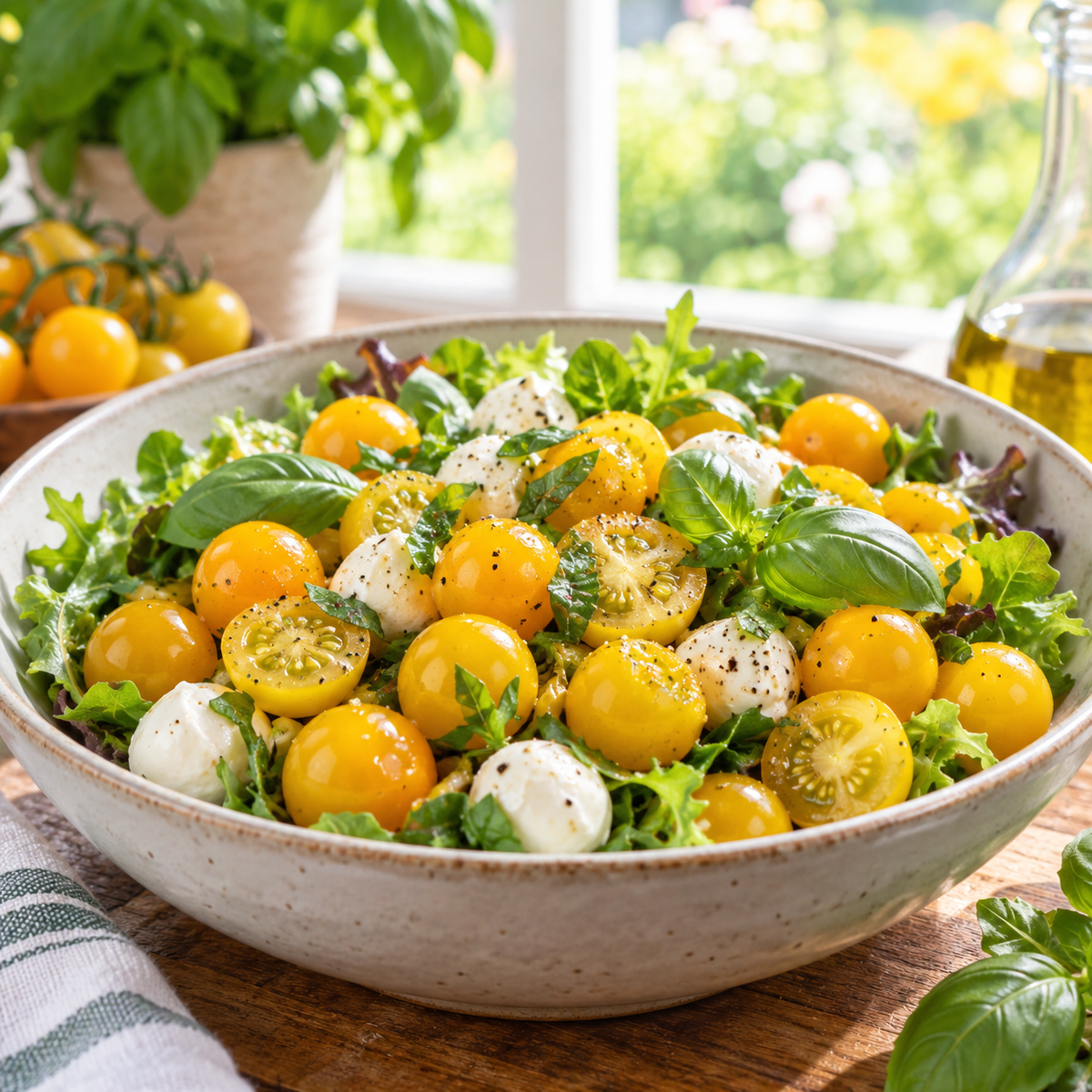 Fresh salad made with golden yellow gooseberry tomatoes, basil, greens, and mozzarella