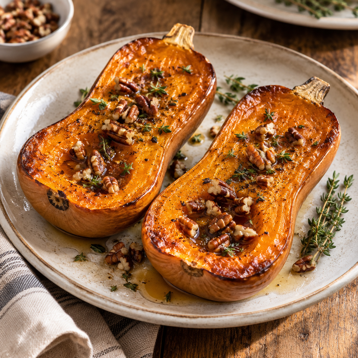 Maple-roasted Honeynut butternut squash with pecans and fresh thyme