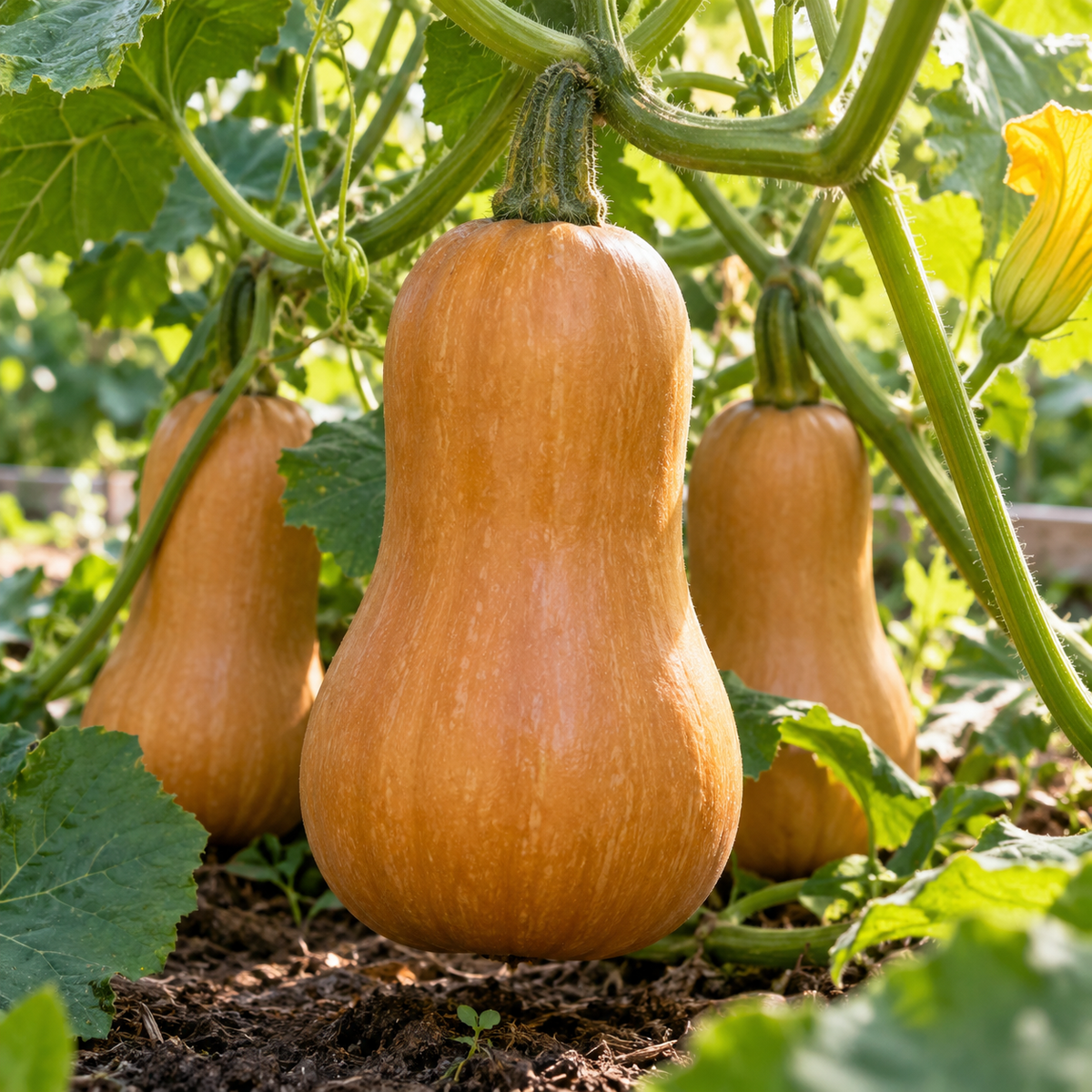 Ripe Honeynut butternut squash growing on healthy vines in a sunny garden