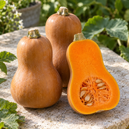 Freshly harvested Honeynut butternut squash in a rustic wooden basket
