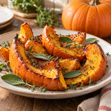 Roasted Jack O’ Lantern pumpkin wedges with fresh sage and thyme