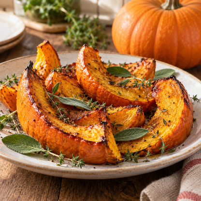Roasted Jack O’ Lantern pumpkin wedges with fresh sage and thyme