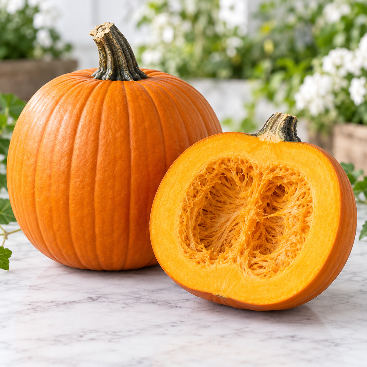 Fresh Jack O’ Lantern pumpkins with bright orange ribbed skin growing in an autumn garden