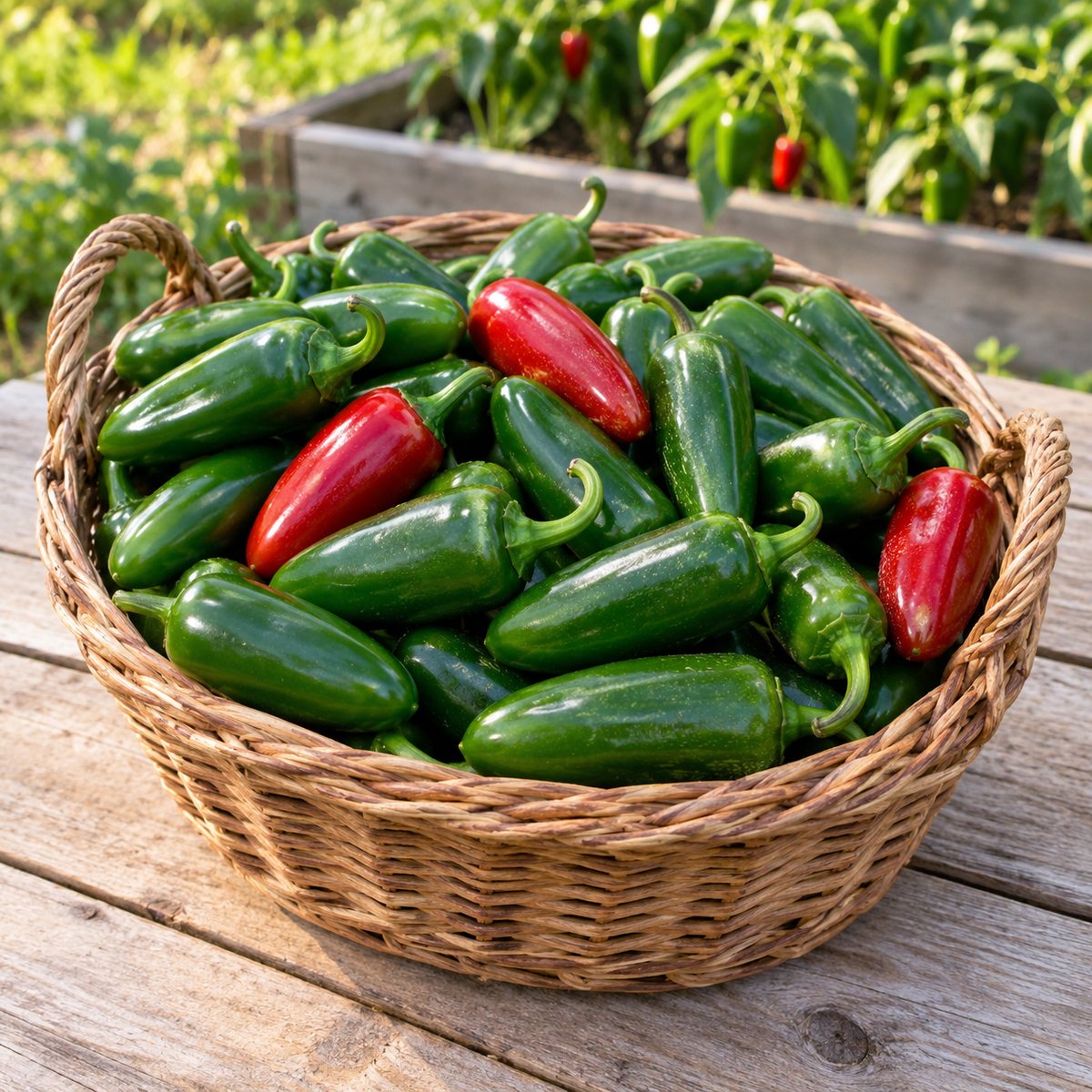 Freshly harvested green and red jalapeno peppers displayed in a rustic garden basket