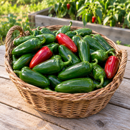 Freshly harvested green and red jalapeno peppers displayed in a rustic garden basket