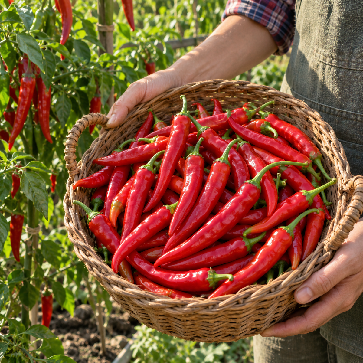 Freshly harvested Japanese Sapporo hot peppers with long, bright red pods displayed in a sunny garden.