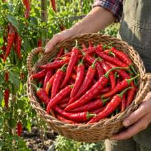 Freshly harvested Japanese Sapporo hot peppers with long, bright red pods displayed in a sunny garden.