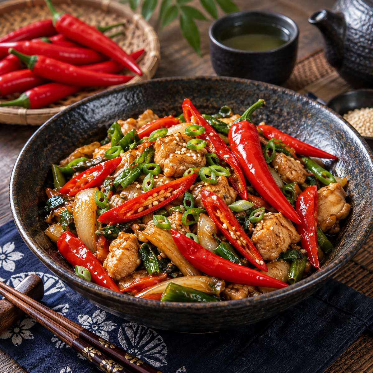 Japanese-style chicken stir-fry prepared with sliced red Japanese Sapporo hot peppers and vegetables.