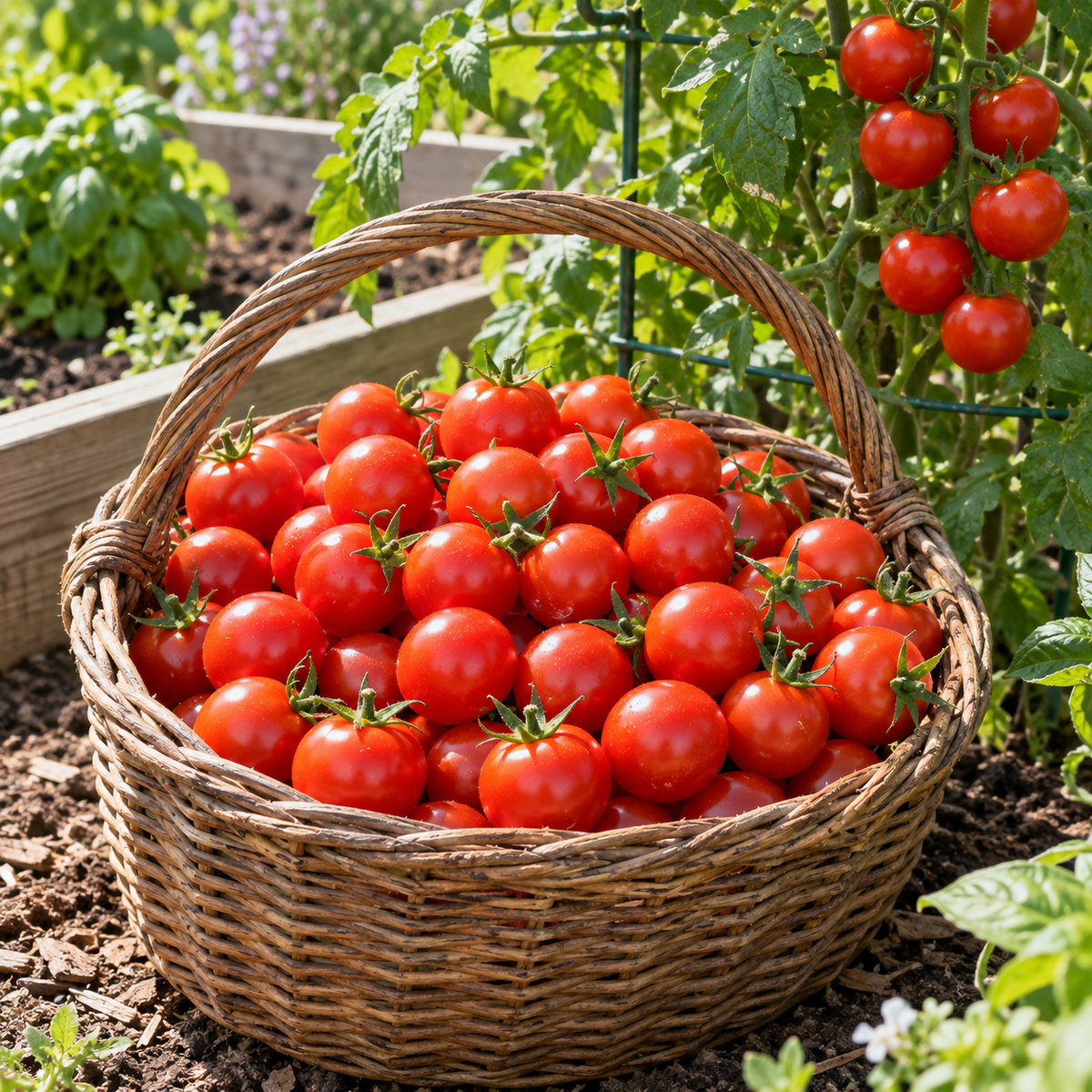Basket filled with freshly harvested red cherry tomatoes