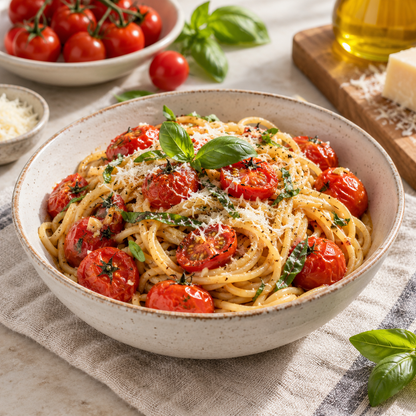 Roasted red cherry tomato pasta with fresh basil