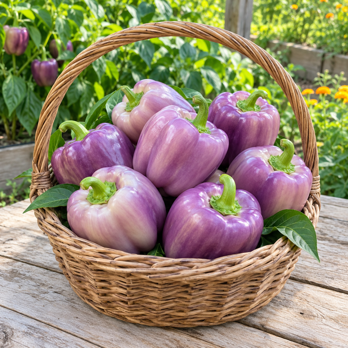 Lilac Sweet Bell Peppers growing on healthy plants in a sunny garden