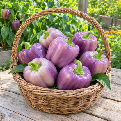 Lilac Sweet Bell Peppers growing on healthy plants in a sunny garden
